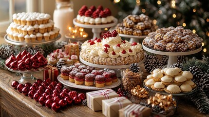 Festive Dessert Table Display with Christmas Treats and Gifts Showcasing Delicious Sweets, Including Cupcakes, Cookies, and Decorative Red Accents for Seasonal Celebrations