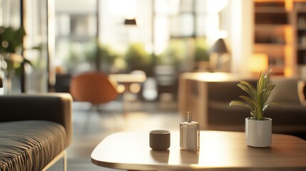 A table with a potted plant and a small container on it