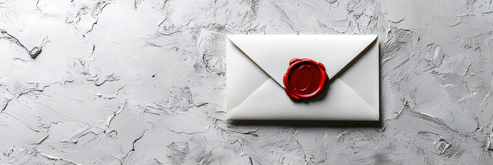 vintage style envelope with red wax seal rests on textured gray surface, evoking sense of mystery and elegance. Perfect for invitations or special messages