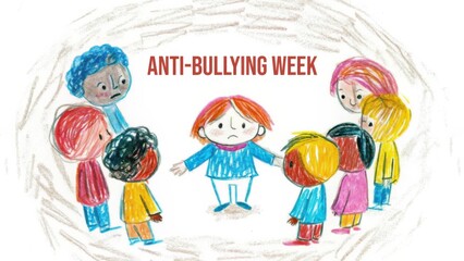Anti-bullying awareness poster featuring diverse children illustrations