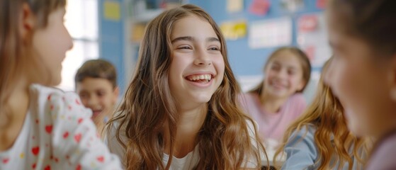 Fototapeta premium A cheerful classroom scene with a girl laughing, surrounded by engaged students. Vibrant colors and a visible clock suggest a lively learning environment.