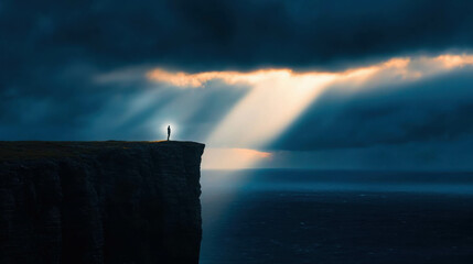 Obraz premium Captivating Beam of Sunlight Breaking Through Storm Clouds Illuminating the Cliffside with a Solitary Figure Silhouetted Against a Dramatic Sky