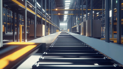 Fototapeta premium Efficient Automated Conveyor System in Distribution Warehouse Showcasing Streamlined Inventory