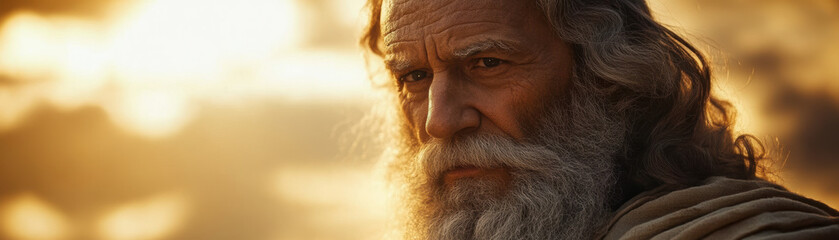 Elderly man with a long white beard and wise eyes, gazing intensely against a golden sunset background, representing wisdom and contemplation.