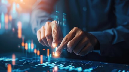 Businessman’s hands interacting with a digital screen, analyzing financial data and charts in a futuristic interface.