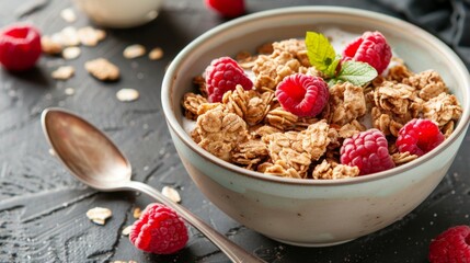 A serene scene with a bowl of granola, raspberries, and nuts on a dark surface. A spoon is nearby. Calm and peaceful vibe with a simple, comforting setup.