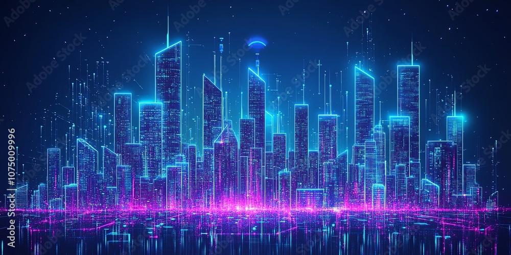 Poster futuristic neon cityscape with glowing digital buildings and a network connection.