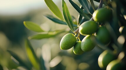 Close-Up of Vibrant Green Olives on an Olive Tree Branch with Lush Leaves Against a Soft Focus Background, Highlighting Nature's Bounty and Organic Farming Techniques