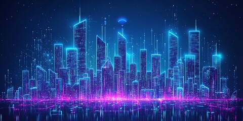 Fototapeta premium Futuristic neon cityscape with glowing digital buildings and a network connection.