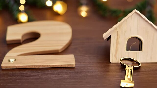 A key cottage keychain rests festive brown wooden background video adorned stars lights garlands New Year 2025 design works ll greeting cards related home buying relocation mortgage services house