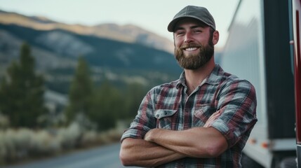 Smiling truck driver in a rural landscape with mountains in the background