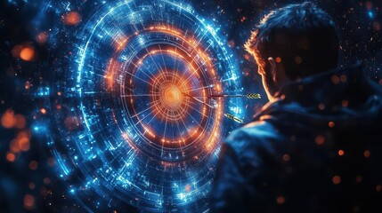 business vision encapsulated in a digital environment, a businessman shielding a glowing blue dartboard, arrows aimed precisely at the target, reflecting ambition and technology