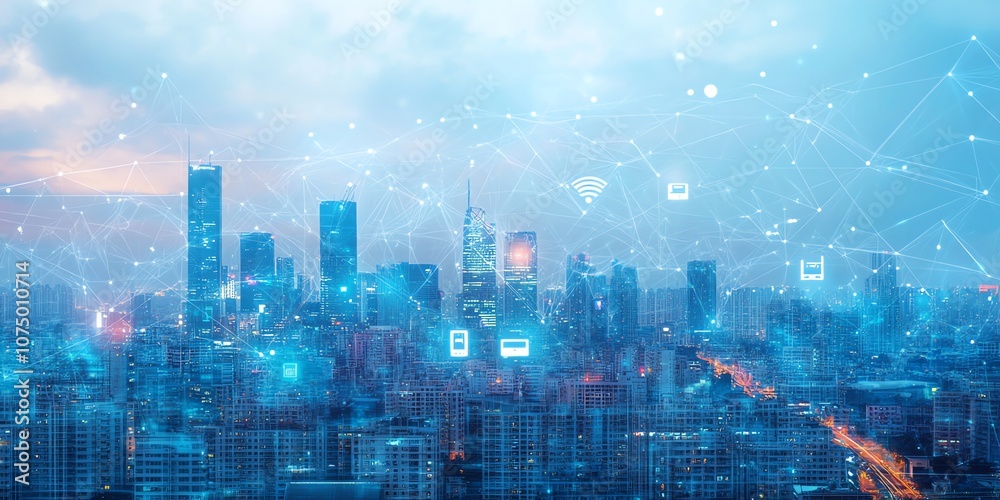 Aufkleber A panoramic cityscape with skyscrapers and a network of glowing lines and icons representing connectivity and technology.