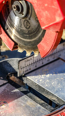 A close-up shot of a circular saw cutting timber in a garden