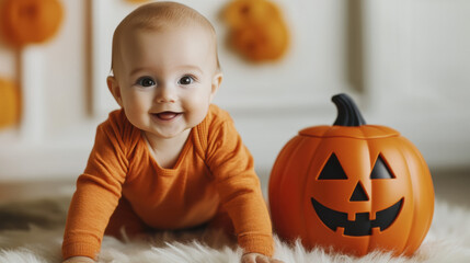 Adorable baby in an orange outfit crawling next to a Halloween pumpkin, ready for the festive season with a cute smile and warm autumn ambience.