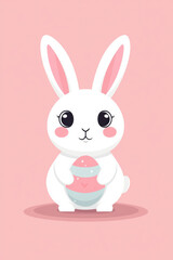 Fototapeta premium A cute white bunny holding a pastel pink and white Easter egg on a soft pink background. Perfect for holiday-themed designs and spring celebrations.