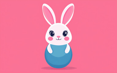 Obraz premium Cute cartoon bunny with big eyes and pink ears, standing against a pink background, holding a blue egg.