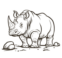 Obraz premium line art sketch of an African rhinoceros in black and white. The rhinoceros is standing on its hind legs with short