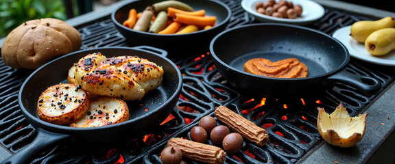 A pan of food is on a stove with a fire underneath. There are several bowls of food and spices on the table
