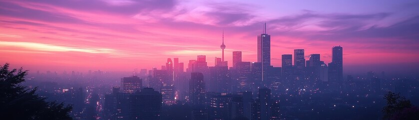 Naklejka premium Stunning Urban Skyline at Dusk with Vibrant Pink and Purple Sunset Over Cityscape Featuring Iconic Tower and Skyscrapers