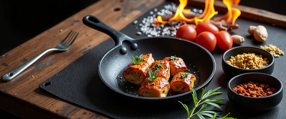 A table with a variety of food items, including a pan of oranges, a bowl of apples, and a plate of cookies