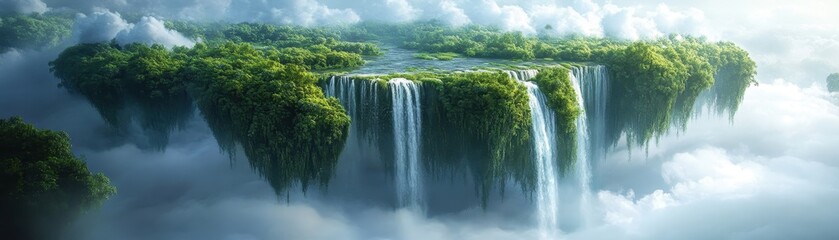 Fototapeta premium Stunning Aerial View of Majestic Floating Island with Cascading Waterfalls and Lush Greenery Surrounded by Clouds