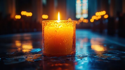 candle flickering softly in a grand cathedral, casting warm light and shadows, capturing the solemnity and reverence of all saints' day