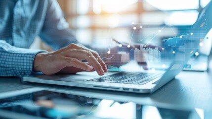 Close-up of a business analyst's hands using a laptop with financial data and digital analytics overlay, representing data-driven decision making and analysis.