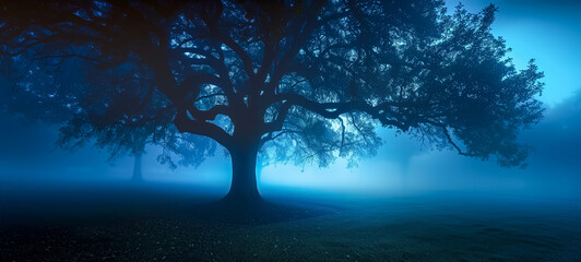 Fototapeta premium Majestic tree silhouette in foggy blue forest at dusk
