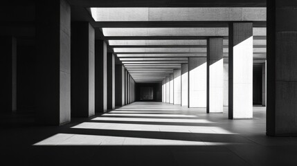 Fototapeta premium Minimalist Architectural Interior with Strong Light and Shadow Patterns Creating Dramatic Visuals in Monochrome, Emphasizing Lines and Geometric Forms in Modern Design