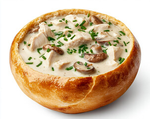 Bowl of creamy soup with chicken, chives, and mushrooms in a bread bowl, isolated on a white background