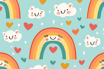Cute seamless pattern with smiling rainbows, clouds, and hearts on a blue background. Perfect for children's decor, fabric, and stationery.