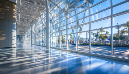 Obraz premium Floor-to-ceiling glass windows in a sunlit modern space, with clean, open design and shadows cast by the structure.