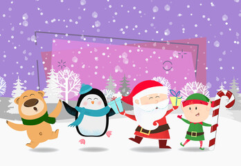 Cartoon company poster winter design. Illustration with dancing Santa Claus, penguin, elf and cute beer on background with winter forest. Can be used for postcards, invitations, greeting cards