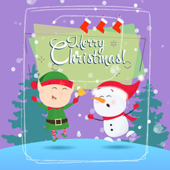 Christmas greeting card design. Dancing snowman and elf and hanging stockings on abstract background. Template can be used for banners, posters, postcards