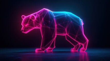 Futuristic Neon Bear Outline in Low Poly Style with Glowing Pink and Blue Colors on Dark Background for Innovative and Creative Digital Art Projects