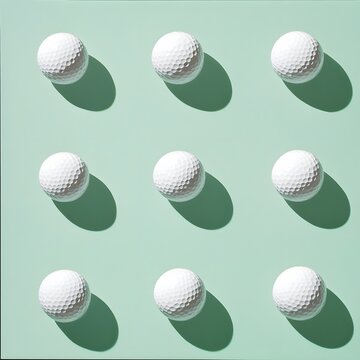top down view golf balls evenly distributed minimal on light mint green background