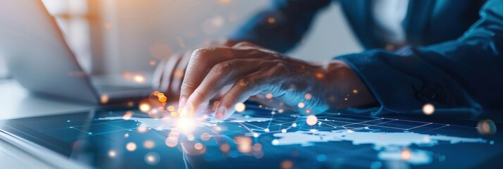 businessman interacting with a digital tablet displaying a global map interface and glowing data points, symbolizing technology and global connectivity.