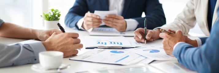 Close-up of a business team reviewing financial documents with charts and graphs in a collaborative meeting, symbolizing teamwork, analysis, and strategy.