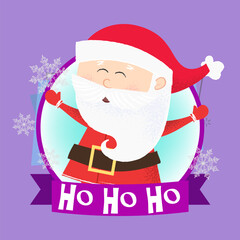 Christmas poster design with funny Santa Claus. Drawing of Santa Claus in round purple frame on abstract background. Can be used for postcards, greeting cards, leaflets