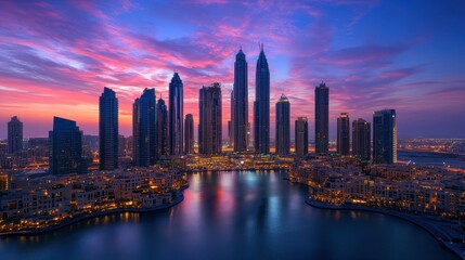 Fototapeta premium Stunning Dubai Marina Skyline at Sunset with Vibrant Colors Reflecting on Water and Illuminated Skyscrapers