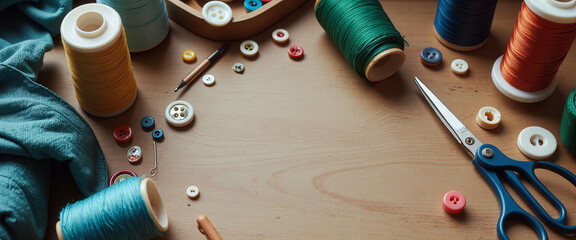 A table with a pair of scissors, buttons, and thread. The scissors are on the left side of the table, and the buttons are on the right