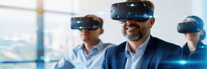 A group of professionals wearing VR headsets, engaging in an immersive virtual reality experience. Concept of innovation and future technology.