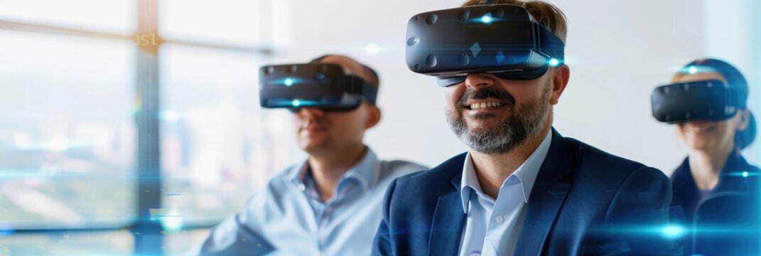 A group of professionals wearing VR headsets, engaging in an immersive virtual reality experience. Concept of innovation and future technology.