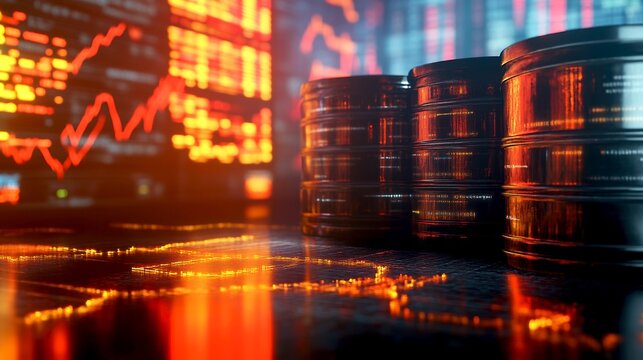 Economic growth concept with oil barrels and rising stock market graph
