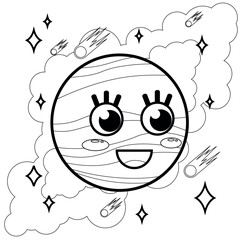 Coloring page for kids and adults. Mermaid colouring book. Cute planet in space. Pretty character.
