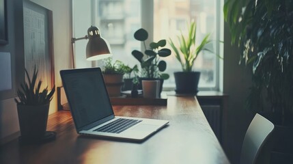 Fototapeta premium Modern Home Office Desk with Laptop and Plants