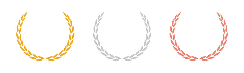 Laurel wreath of victory icon, set of gold, silver, and bronze medals on transparent background, laurel frame ranking decoration