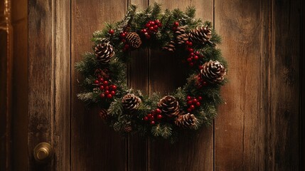 A holiday wreath made of pine branches, cones, and berries, hanging on a rustic wooden door with a warm light.