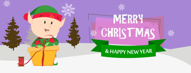 Merry Christmas and Happy New Year postcard design with elf. Illustration of elf holding present on abstract background with winter forest. Can be used for postcards, greeting cards, leaflets